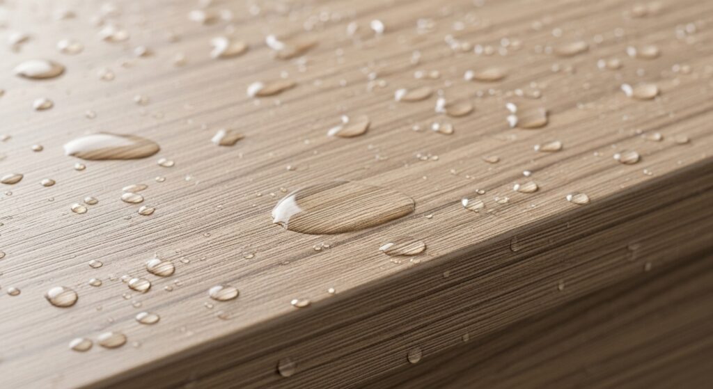Close-up of wood grain finished aluminium kitchen cabinet doors showing waterproof and termite-proof quality.