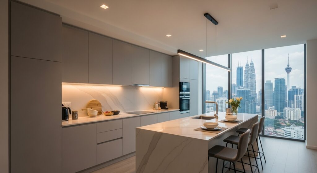 Luxurious modern aluminium kitchen cabinet design in a Malaysian condo with kitchen island and marble countertops.