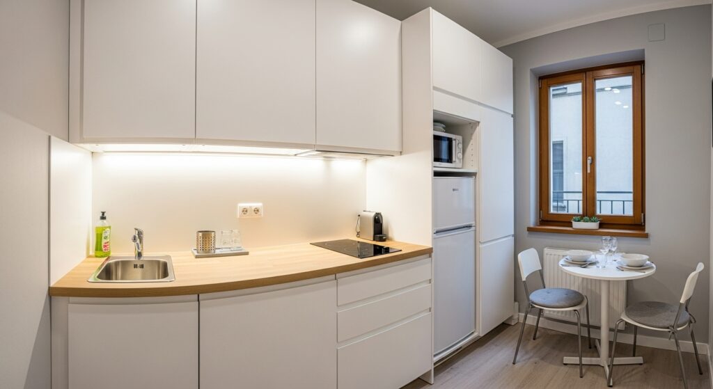 Simple kitchen cabinet design in a compact space with floor-to-ceiling storage cabinets.