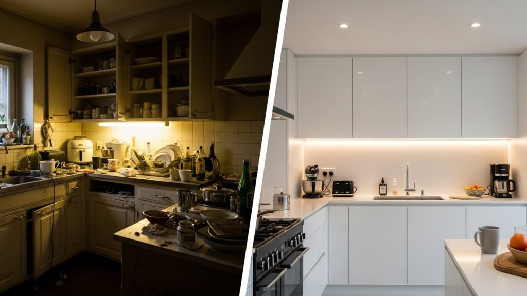 Comparison of messy kitchen vs organized custom modern kitchen cabinets.