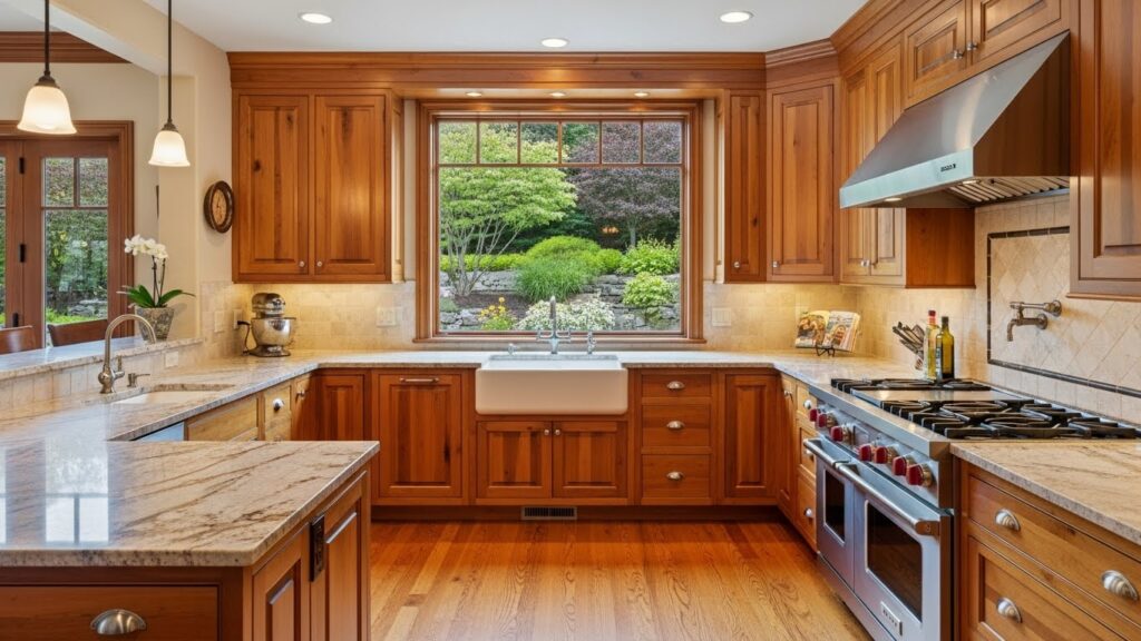 Spacious U-shaped wood kitchen cabinets providing maximum storage and counter space.