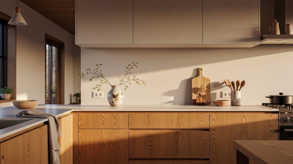 Warm oak wood grain kitchen cabinets designed in a cozy Japandi style.