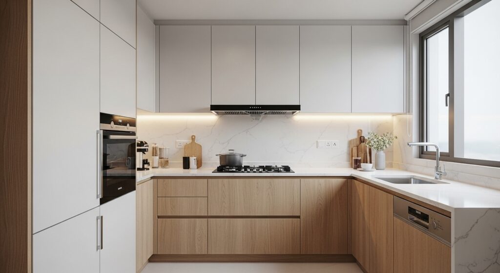 Custom kitchen storage solutions in Singapore and Malaysia apartments, smart pull-out drawers, hidden compartments, clutter-free countertops, modern functional cabinetry, tailored for small and medium-sized kitchens