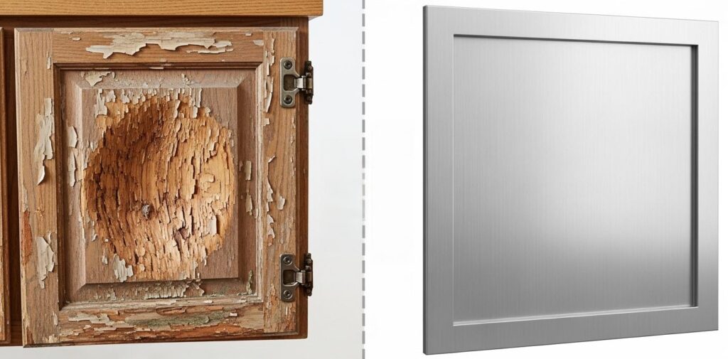 A visual comparison infographic. Left side: Swollen wooden wood caused by water. Right side: Pristine aluminium cabinet.
