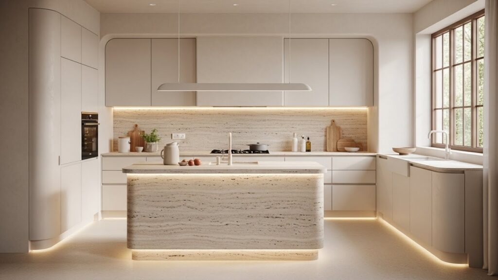 Cream-colored Wabi-Sabi style kitchen with curved cabinetry and micro-cement textures.