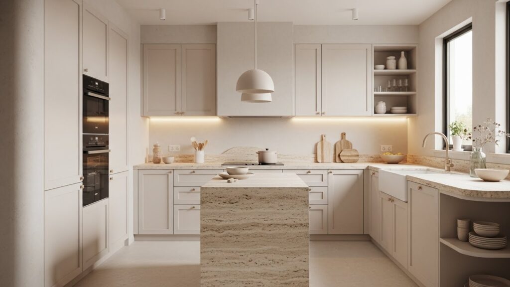 Cream-colored Wabi-Sabi style kitchen with curved cabinetry and micro-cement textures.