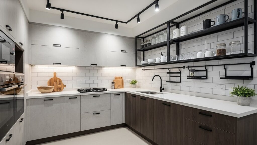 Modern industrial kitchen design featuring cement-look cabinets and black accents suitable for HDB BTO.