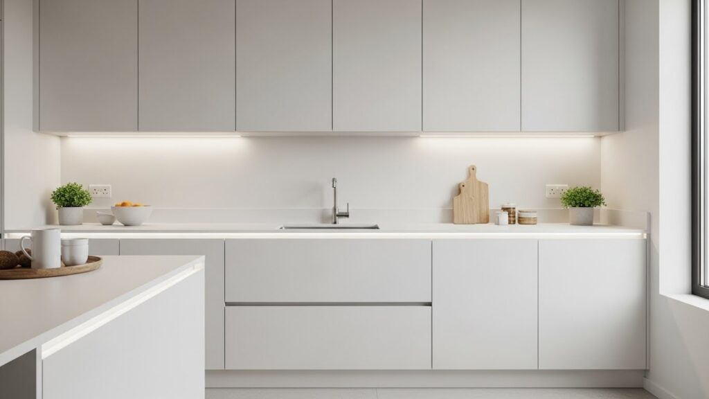 Sleek matte white handleless kitchen cabinets in a modern minimalist style.