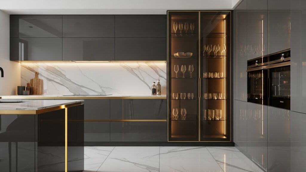Modern luxury kitchen cabinets with high-gloss dark finishes and marble accents, popular in SG and MY condos.