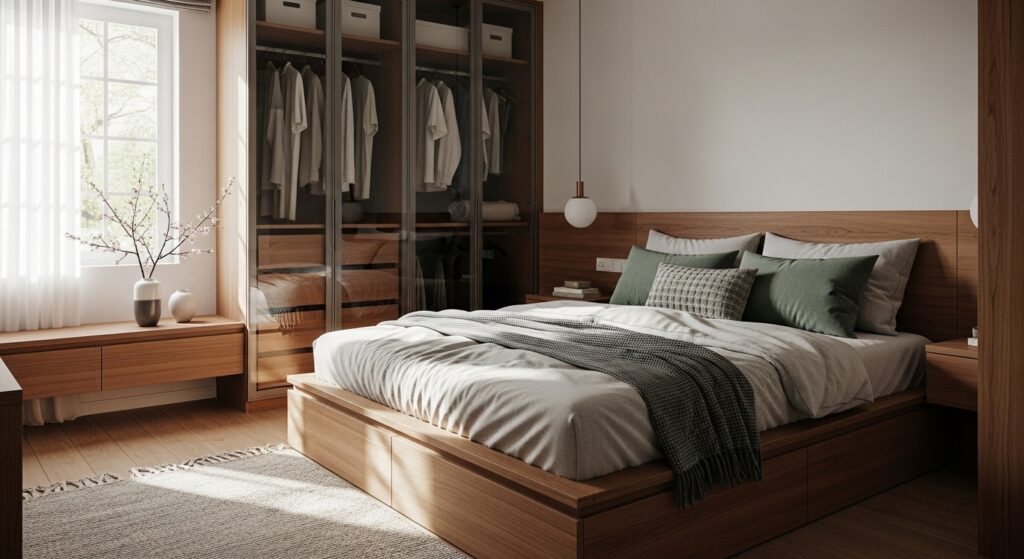 Custom platform bed Singapore design with storage drawers and built-in wardrobes