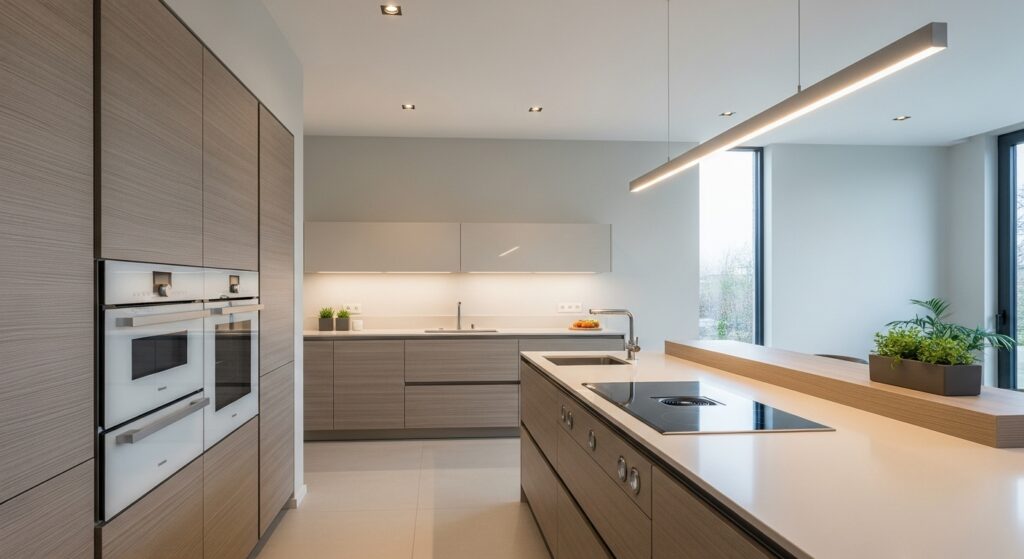 A wide shot of a modern, sleek kitchen with wood-grain finish aluminium cabinets. Bright lighting, open concept.