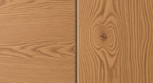 Close up of wood-grain aluminium texture next to real wood, showing they look almost identical.