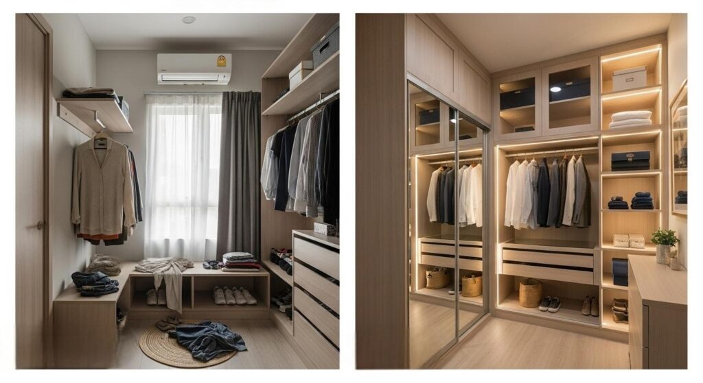Malaysia walk-in closet renovation before and after showing cluttered storage upgraded to a custom built-in wardrobe with LED lighting.