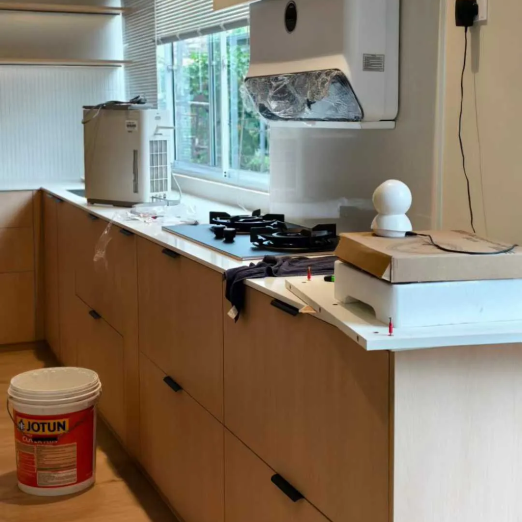 Side view of the bespoke joinery installation process