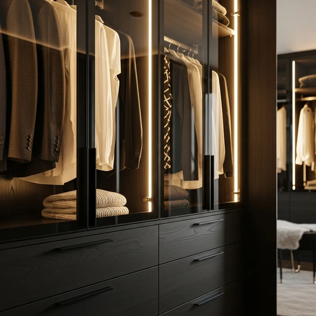 Custom Built-in Wardrobe Design with glass doors and LED lighting.