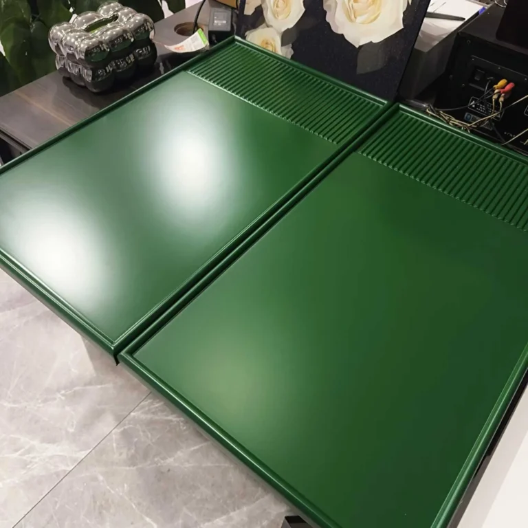 Green fluted custom cabinet door samples showing 20% vs 30% sheen finishes for Brisbane client.