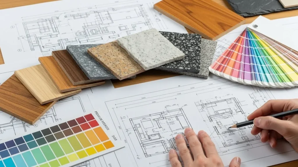 Interior designer workspace with CAD blueprints, wood material samples, and color swatches for custom cabinetry projects.
