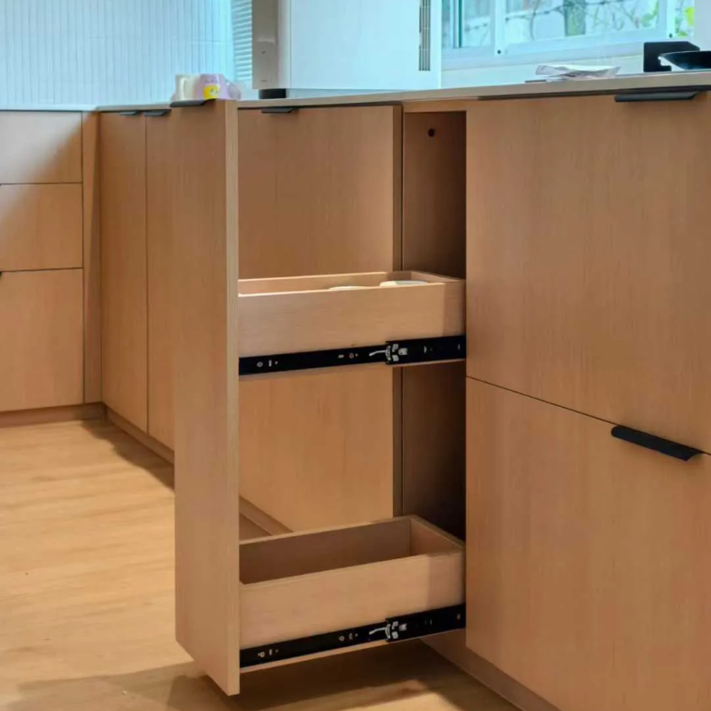 Detail of kitchen drawer with premium grey interior