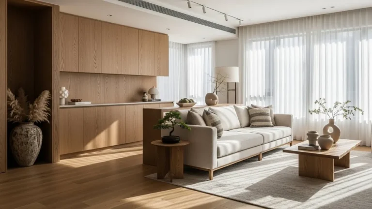 Modern Japandi style living room showcasing Turnkey Interior Design Solutions.